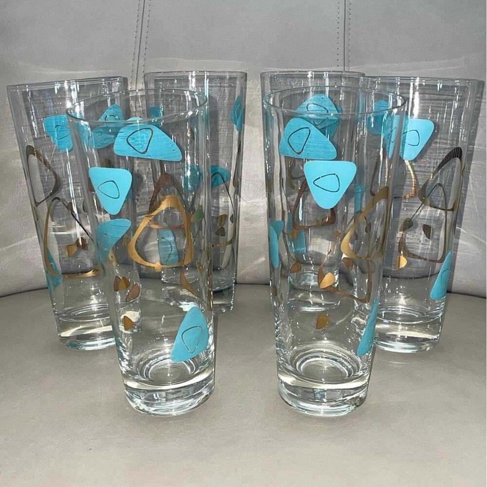 6 Tall 6.75" Vintage Federal Glass Atomic Turquoise & Gold Amoeba Boomerang MCM